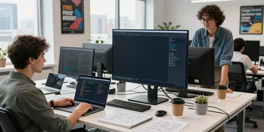 Instant indexing workspace with developers reviewing metrics on a screen.